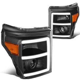 Auto Dynasty Headlights Assembly Compatible with 2011-2016 Ford F250 F350 F450 F550 Super Duty, E-Styling 3D LED DRL Projector Headlamps, Driver and Passenger Side, Black Housing Amber Corner