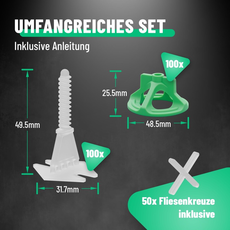 greate 250-teiliges Fliesen Nivelliersystem 2mm - Fliesenverlegehilfe Set mit 100