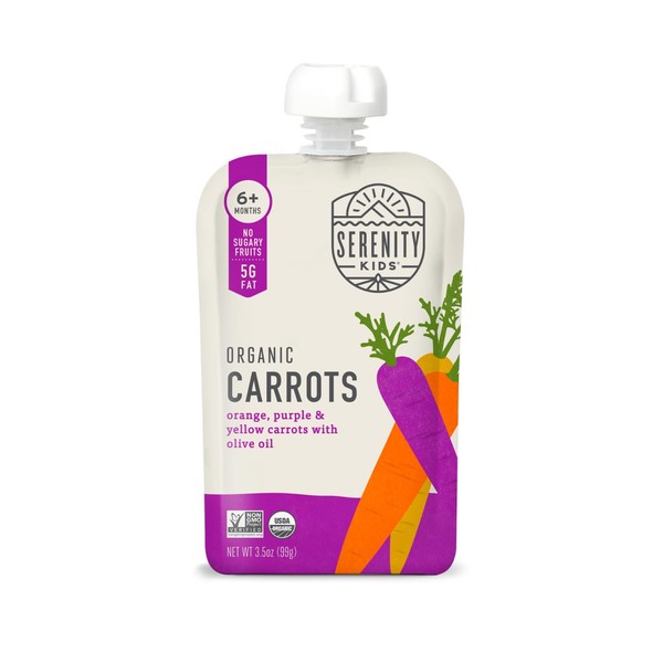 Serenity Kids 6+ Months USDA Organic Veggie Puree Baby Food Pouches | No Sugary Fruits or Added Sugar | Allergen Free | 3.5 Ounce BPA-Free Pouch | Carrots | 1 Count