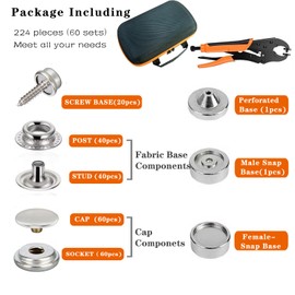FUZHIJIA 60 Sets Snap Fastener Kit Tool, Adjustable Snap Setter Tool Includes 224pcs Snap for Boat Cover Furniture Tent 15mm Metal Leather Socket Canvas for DIY Craft,Clothing
