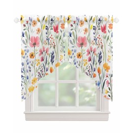 Spring Floral Swag Valances for Windows Colorful Wildflower Semi Sheer Valance Curtains Pink Purple Yellow Flowers Voile Swags Topper Curtain for Kitchen Living Room Bedroom, 2 Panels, 36x36 Inch