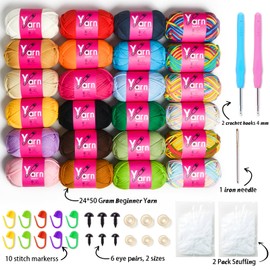 24 Pack Crochet Yarn Beginner - Black White Orange Red Green Rainbow Pink Cotton Chunky Yarn - with Easy-to-See Stitches Beginner Yarn for Crocheting - Amigurumi Yarn Set(24 * 50g) D