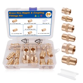 KOOTANS 24PCS Brass Pipe Fittings Brass Hex Nipple Hex Coupling Kit 1/8" to 1/8" NPT, 1/4" to 1/4" NPT, 3/8" to 3/8" NPT Male to Male Female to Female Adapter Pipe Fitting Connector