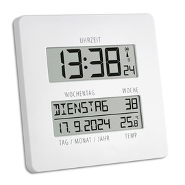 TFA Dostmann Digital Wall Clock with Radio-Controlled Clock Temperature Display Timeline 60.4509, Calendar Function (Day of the Week, Date, Calendar Week), Table Clock, 2 Times, Alarm Function, Clear Display, White