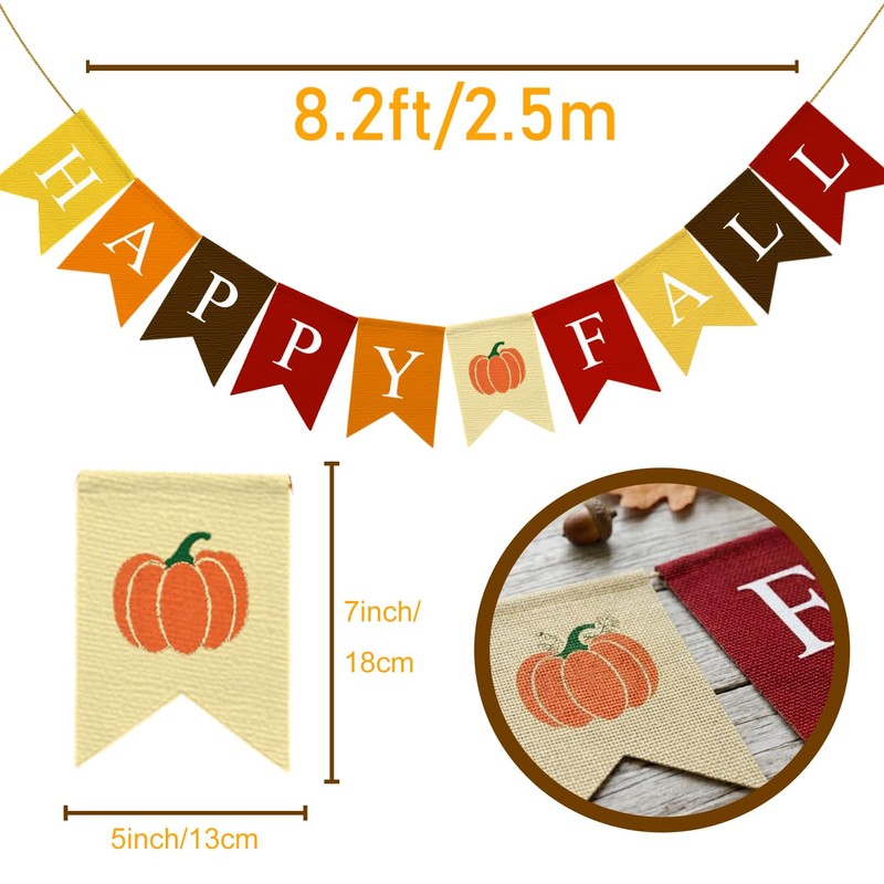 Adurself Happy Fall Burlap Banner with Pumpkin, Pre-Strung Faux Burlap