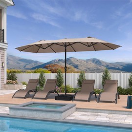 PURPLE LEAF 14ft Patio Market Umbrella with Base Double-Sided Rectangle Outdoor Table Sun Umbrellas with Crank 12 Heavy Duty Sturdy Ribs for Pool Beach Deck Backyard Taupe