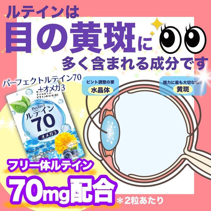 高濃度 ルテイン 70mg サプリ オメガ3 ビルベリー 30mg アントシアニン 10.8mg ゼアキサンチン