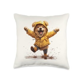 Cute Welsh Corgi Dog Wearing Yellow Raincoat Raindrops Puppy Throw Pillow