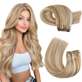 Moresoo Weft Hair Extensions Real Human Hair Medium Brown with Platinum Blonde Sew in Double Weft Human Hair Extensions Semless Remy Straight Hair 22inch 100g/Pack #P6/60