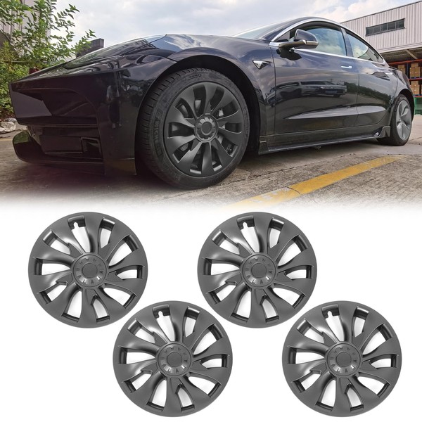 FREEMOTOR802 Wheel Hubcaps Rim Cover Compatible with 2017-2023 Tesla Model 3, Matte Black Cyclone Style ABS 4 Pieces Wheel Covers Full Rim Snap On Hub Cap Replacement