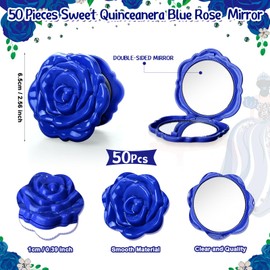 Wenqik 50 Sets Quinceanera Party Favors for Guests 50 Rose Design Compact Pocket Mirrors 50 Quinceanera Cards Thank You Gift and Organza Bags Sweet 15 Mis Quince Birthday Sweet Party Favor(Blue)