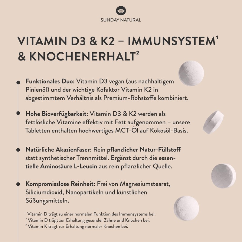 SUNDAY NATURAL® Vitamin D3 K2 Tablets - 99.8% All-Trans MK-7