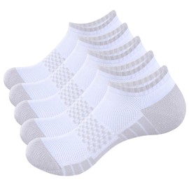 YUEDGE 5 Pairs Mens Trainer Socks, Breathable Cushioned White Cotton Casual Everyday Sports Low Cut Athletic Ankle Socks for Men Size 6-10