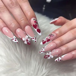 Press on Nails Medium Almond Fake Nails with Heart Bow Pearl Designs Red White French Tip Nails Press ons Nude False Nails Artificial Stick on Nails for Women 24Pcs