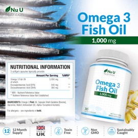 Nu U Nutrition Omega 3 Fish Oil 1000mg - 365 Softgel Capsules - 1 Year Supply - High Strength Pure Fish Oil with Balanced EPA & DHA - Contaminant Free Omega 3 - Nu U Nutrition