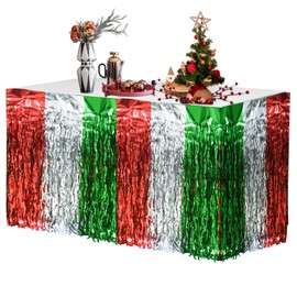 2PCS Christmas Table Skirt, Wavy Metallic Tinsel Foil Fringe Table Skirt Red White and Green Shiny Table Skirt Disposable Xmas Table Skirt Christmas Party Supplies Table Decorations 30 X 108 Inch