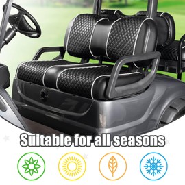 NOKINS Golf Cart Seat Covers Fit for Yamaha Drive/Drive2 OEM Standard Front Seat Cushion, Backrest Vinyl Leather Litte Diamond Seat Covers, No Stapler Required (Black&White Piping)