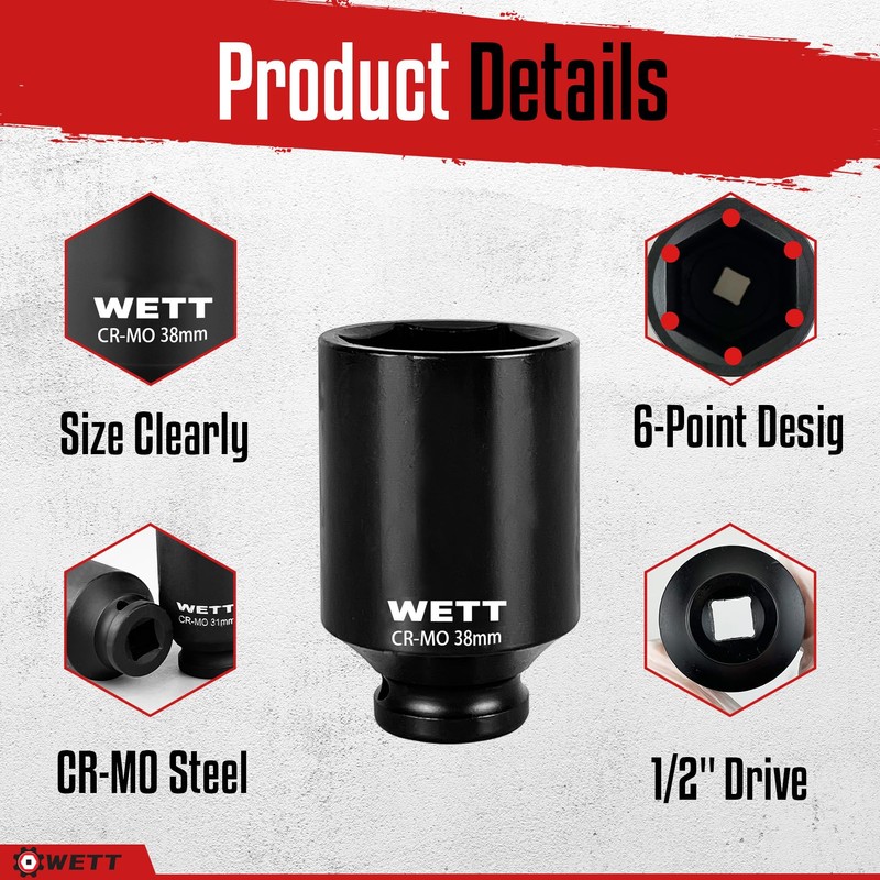 WETT 1/2" Drive Deep Large Impact Socket Set, 11-Piece Spindle