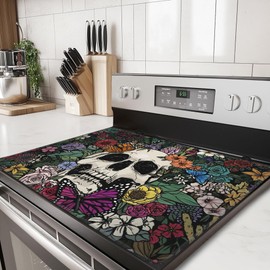 Stove Top Cover for Electric Stove,Abstract Skull Heat Resistant Glass Cooktop Cover,Mexican Skeleton Butterfly Multipurpose/Counter/Washer Top Protector,Dishwasher Safe Natural Rubber(28"x19.5")