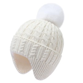 MEJORMEN Baby Girls Winter Hat with Earflap Toddler Warm Twisted Knit Beanie with Pom Pom Kids Ski Hat for Infant (Ages 0-6) Milky White