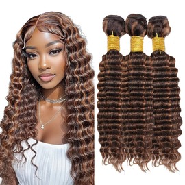 Dokksiiia 22 24 26 Inch Chocolate Brown Deep Wave Human Hair Bundles Ombre P430 Highlight Dark/Light Brown Two Tone Mix Bundles Double Weft Brazilian Human Hair Extensions for Black Women