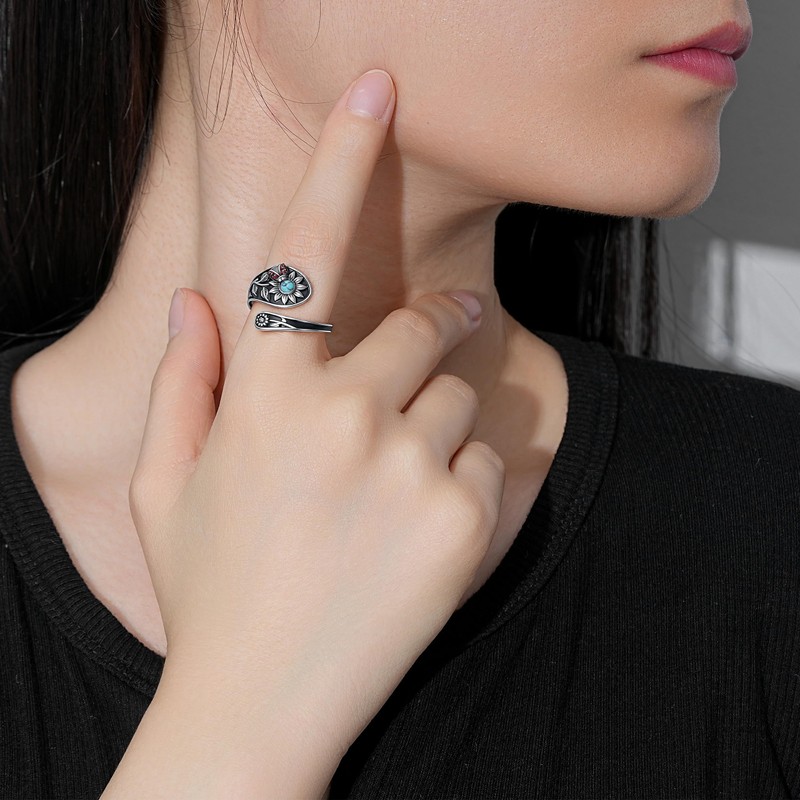 Nisgoin Sunflower Spoon Rings for Women- 925 Sterling Silver Turquoise