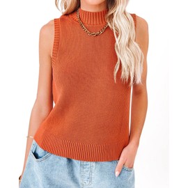 Rilista Women Summer Sleeveless Ribbed Tank Tops Mock Neck Turtleneck Sweater Vest Knit Cami Shirts Orange