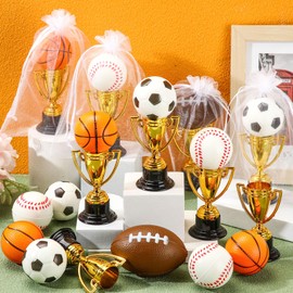 Foilswirl 72 Pcs 3.4 Inch Mini Trophies Kits 24 Gold Small Plastic Trophy for Kids 24 Mini Foam Stress Balls 24 White Organza Bags for Party Favors Winning Prize Competitions Ceremony(Multi Balls)