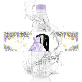 URROMA 100Pcs Wedding Water Bottle Labels Foil-Stamped Waterproof Wrappers Violet Wraps Stickers for Wedding Bridal Shower Favor Decoration Supplies
