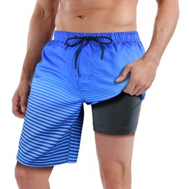 QRANSS 9 inch Compression Lined Swimming Trunks Men Size 36-38 Gradient Striped Bathing Suit Quick Dry Stretch Swimming Trunks Beach Shorts for Men