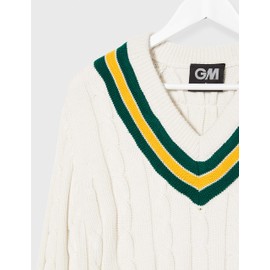 Gunn & Moore GM | Cricket Sweater Jumper Pullover | Classic Heavy Cable Knit | Long Sleeve | Cream with Green & Gold Trimmed Collar | Large Junior to fit chest 33"