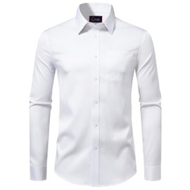 ONKEEP Mens Dress Shirts Stretch Long Sleeve Solid Button Down Shirts Casual Business Regular Fit Shirts with Pocket White Large