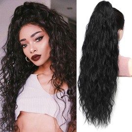ISIGROSI Wave Ponytail Extension Claw In - 28 Inch Black Long Curly Black Natural Wave Pony Tail Synthetic Clip In Hairpiece Ponytail Hair Extension for Women Daily Use