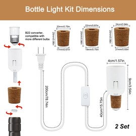 FEYAIM 2 Pack Bottle Lamp Kits, DIY Lamp Fittings Kit for Table Lamp with E26/E27 to B22 Converter, 240cm Wine Bottle Table Lamp, 3 Sizes of Corks, No Drilling (No Bulb)
