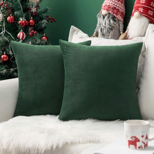 MIULEE Decorative Velvet Christmas Cushion Covers 45cm x 45cm/Square Throw Pillowcases for Sofa Bedroom with Invisible Zipper 18x18 Inch Dark Green Sets of Two