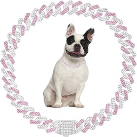 Pink Dog Chain Collars for Large Dogs,Bling Cuban Link Dog Collar Rhinestone Cat Chain Sparkly Glitter Girls Female Kitten Diamond Puppy Necklace for Small Medium Large Pet,24 Inch