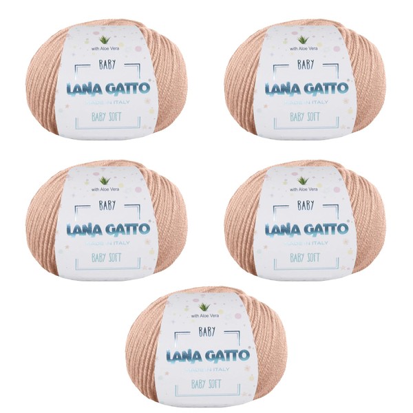 5 balls for knitting, 100% pure virgin merino wool extrafine by Lana Gatto. Baby Soft children's line, natural babies with Aloe Vera (Beige - 14621, 5)