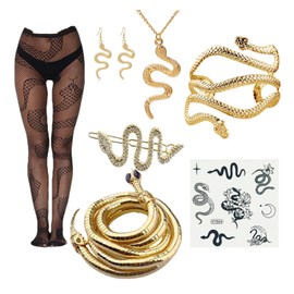 XHBTS 8 Set Snake Bracelet Earrings Ring Hair clip and Snake Fishnet tights Tattoo Stickers Bendable Bracelet Choker S Necklace for Halloween Party