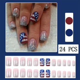 4th of July red Red and White Striped Press on Nails Short Square Silver Glitter French Independence Day Stars Reusable Patriotic Fake Nails for Women Girls Manicure Decorations 24Pcs
