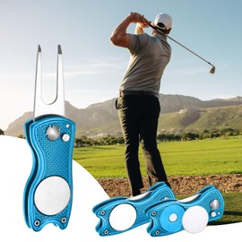 TIXIPEM Golf Divot Repair Tool [4PCS] - Switch Foldable Divot Tool Rack with Magnetic Ball Marker & Open Button Use for Golf Accessories & Gifts - [Blue] Green Fork Tines