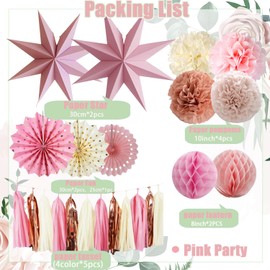 Pink Party Decorations, Dusty Pink Birthday Decoration,15PCS Boho Decorations for Women Men Girl Boy,Hanging Backdrop Decor for Engagement,Boho Wedding,Baby Shower,Bridal Shower,Garden Party