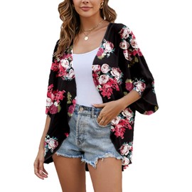 Heynino Women's Floral Chiffon Kimono Cardigans Open Front 3/4 Sleeve Beach Cover Up Capes Sheer Loose Blouse Tops, Black/Floral -1