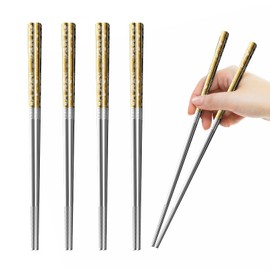 A · HOUSEWARE 5 Pairs Gold Dragon Chopsticks Set Stainless Steel 316 Gold Plated Reusable Kitchen Dinning Eating Utensils Modern Chop Sticks Dishwasher Safe and Luxury Tableware Gift