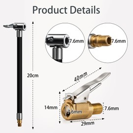 MOPUBZO Valve Extension Set with 20 cm Tyre Inflator Hose and 2 Pieces 8 mm Car Valve Lever Connector Air Chuck for Car, Bicycle, Motorcycle and Compressor, Brass Car Valve Adapter