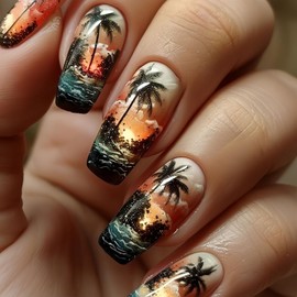 Summer Press on Nails Medium Square Stick on Nails Seaside Vacation Fake Nails Sunset Gradient False Nails Coconut Tree Glue on Nails Glossy Acrylic Nails Full Cover Artificial Nails for Women Girls