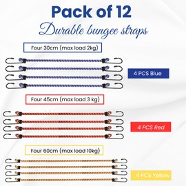Fox1 Heavy Duty Bungee Cords With Hooks - Pack of 12 Bungee Cord UV Resistant Double Braided Elastic Long Bungee Straps For Securing Outdoor Tents,Bike,Luggage & Cargo