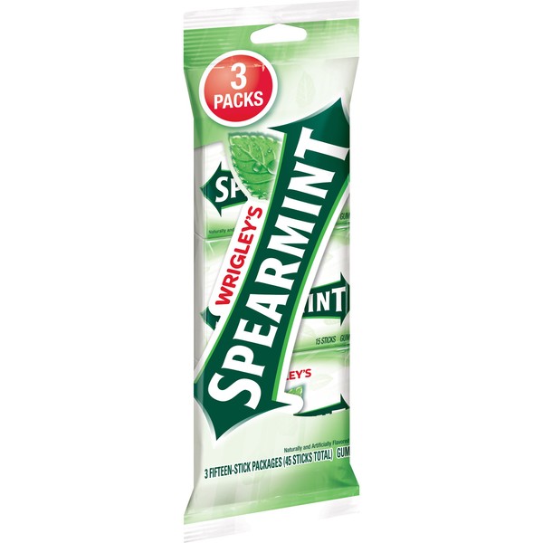 Wrigley's Spearmint Gum (3 Pack of 15 Stick Pack), 45 Count