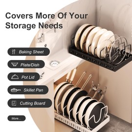 Pots and Pans Organizer Under Cabinet 2 Pack, Pull-Out Cabinet Organizer for Pot Lids, Bakeware, Dishes, 8 Adjustable Dividers (Black）