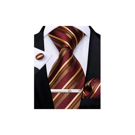 DiBanGu Mens Striped Tie Silk Woven Necktie and Pocket Square Cufflinks Tie Clip Set Wedding Business Formal, Burgundy and Gold
