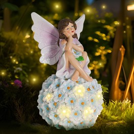 DREAM GARDEN Fairy Garden Statue Outdoor Decor, Fairy Angel Angel Sitting on Hydrangea Flower Solar Outdoor Statues Resin Fairy Figurine Lights Garden Decor for Outside Patio Lawn Yard Balcony